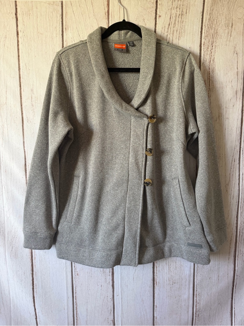 Merrell Women's Gray Fleece Shawl Collar Asymmetrical Button Pullover Jacket XL